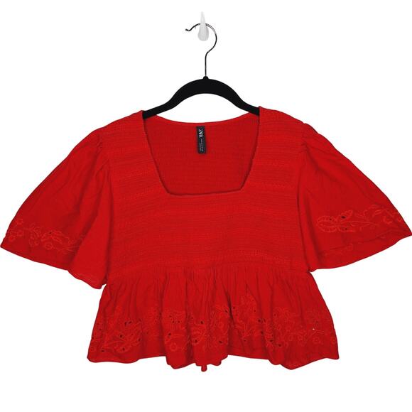 Zara Puff Sleeve Smocked Top Red Small Tomato Girl Linen Cotton Embroidered Boho - Picture 1 of 11